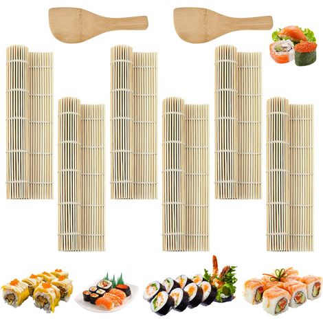 6 Pièces Natte Sushi, Tapis Sushi en Bambou Naturel 24x24cm, Kit Sushi Réutilisable avec Cuillère à Riz, Rouleau à Sushi pour Débutants et Professionnels, Tapis de Cuisine pour Maki (1/5)