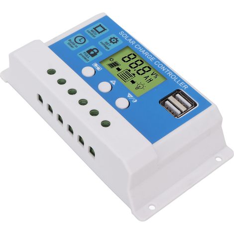 Régulateur de charge solaire PWM intelligent avec écran LCD réglable et 2 ports USB (12 V/24 V, blanc, 20 A) (1/5)