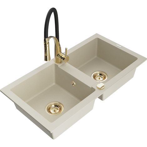 Mexen Mario évier en granit à 2 bacs avec robinet de cuisine Aster, beige - 6504-69-73450-57-G (1/5)