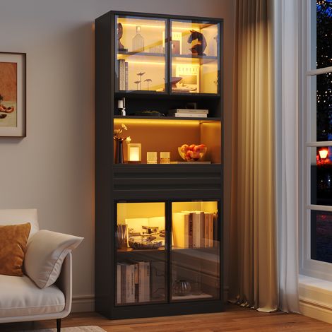 Vitrine Display Schrank 80 x 35 x 200 cm aus MDF, Bücherschrank mit 4 Glastüren, 1 Schublade, App‑gesteuerter RGB LED‑Beleuchtung,hohe Schränke, Weinschränke, vitrinen schrank für Wohnzimmer,Schwarz (1/5)