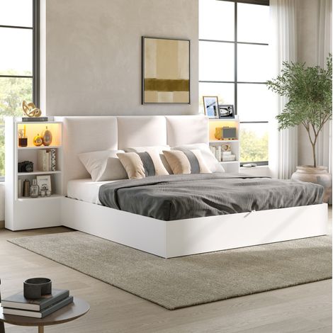Cama con canapé 180x200 cm blanca con cabecero acolchado, LED y 6 almacenamientos OKMYHOME (1/5)