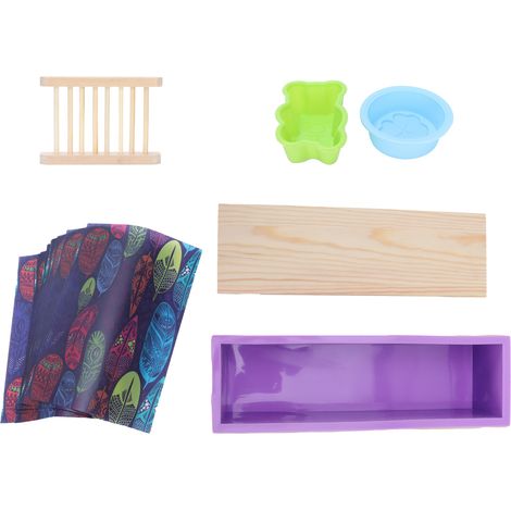 Ensemble de moules à savon en silicone à faire soi-même avec boîte en bois, étagère à savon, papier d'emballage et fournitures de pâtisserie (violet)