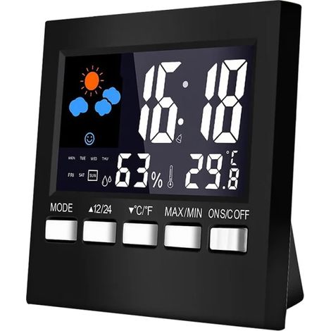 Station météo numérique LCD, thermomètre et hygromètre, température et humidité, fonction snooze, réveil, date, prévisions météo, rétroéclairage (1/4)