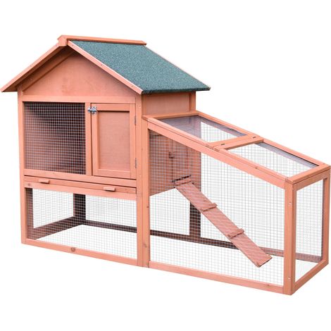 2 Tier Rabbit Hutch Outdoor- Guinea Pig Hutch- Solid Wood Bunny House- Water Resistant Asphalt Roof Ramp Sliding tray 144 x 64.5 x 100 cm (1/5)