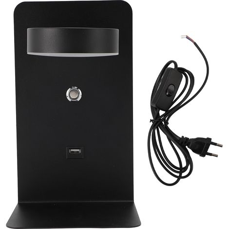 Applique murale LED avec prise et port USB, lampe de lecture pivotante à intensité variable, design moderne en métal noir pour chambre et bureau (1/5)