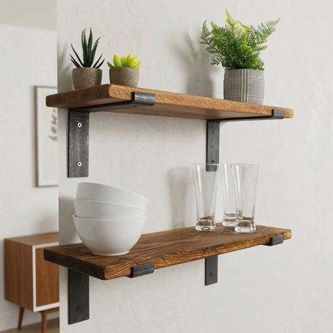 Estante Rende, 2 estantes, madera de abeto, hecho a mano, set de 2, estructura color negro, 40x14x16h cm marrón natural (1/5)