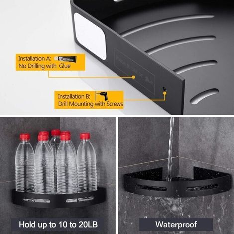 FOREHILL Eckduschregal, Badezimmerregal, zwei Montagearten, Duschkorb aus Aluminium mit Haken - Eckduschregal (Schwarz-Doppel) (1/5)