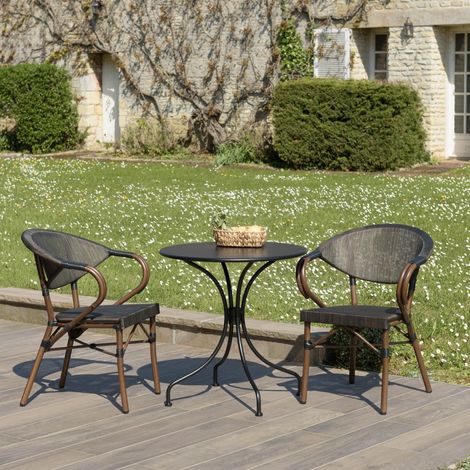 VIANNEY - Ensemble de jardin en acier - table diam 70 2 chaises marron (1/5)