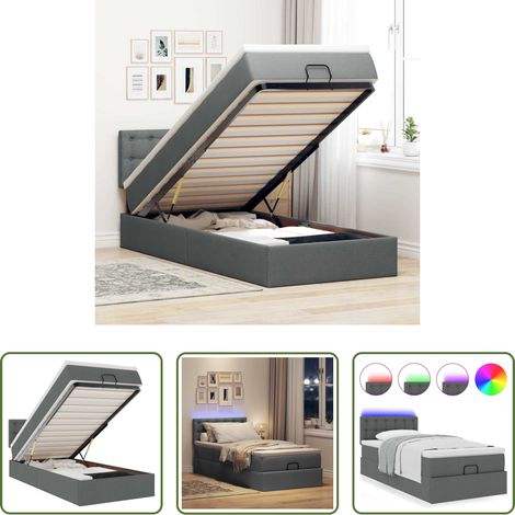 vidaXL LED-Beleuchtung -  Ottomane Bett mit Matratze & LEDs Dunkelgrau 80x200 cm Stoff (1/5)