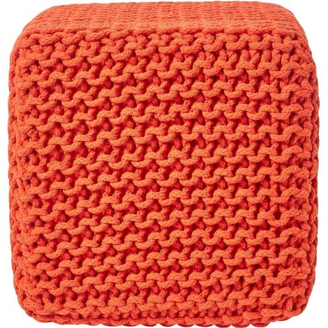 HOMESCAPES Burnt Orange Cube Cotton Knitted Pouffe Footstool