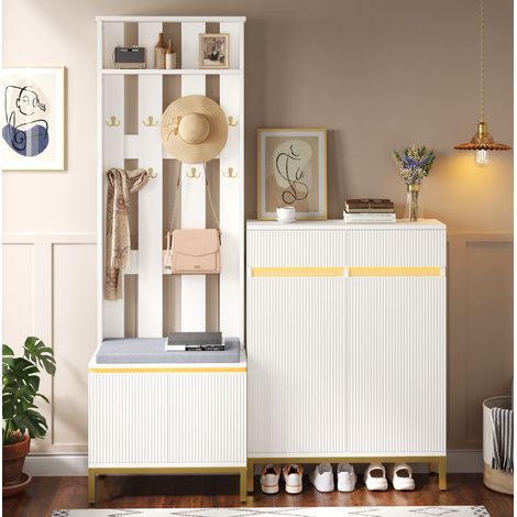 Garderobenschrank (80x35x103 cm), mit Schuhschrank, Sitzbank und Haken, MDF und Spanplatte, Weiß (1/5)