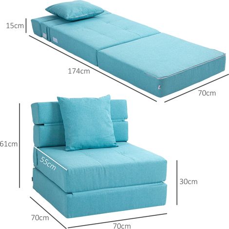 Fauteuil convertible, inclinable, lit d'appoint. Housse amovible, 70 cm x 70 cm x 61 cm, bleu clair. (1/5)