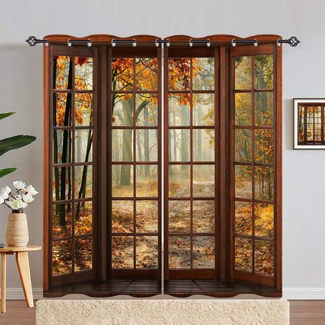 Rideau Occultant Automne Forêt Fenêtre en Bois Tenture Opaque à Oeillets Draperies Intérieurs Rideau Thermique Isolant pour Maison Chambre Salon Fenetre 2 Pièces L 140 x H 280 cm - 140L X 280H cm (2 P (1/5)