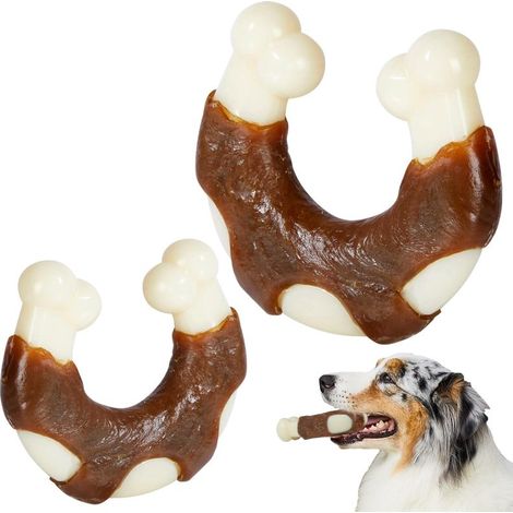 Ossa da masticare per cani, confezione da 2, al vero gusto di manzo, giocattoli indistruttibili per la dentizione di cani di tutte le taglie, realizzati in nylon resistente.