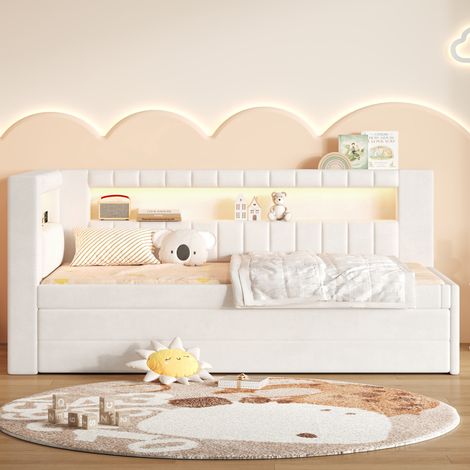 Cama nido 90x200 cm de MDF blanco con LED de 7 colores y 3 cajones, sin colchón – MEUBLIV (1/5)
