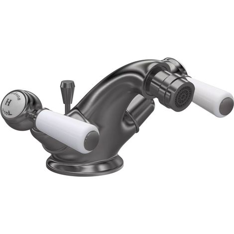 Hudson Reed Topaz Dome Collar Bidet Mixer Tap with Waste Lever Handle - White/Brushed Pewter (1/2)