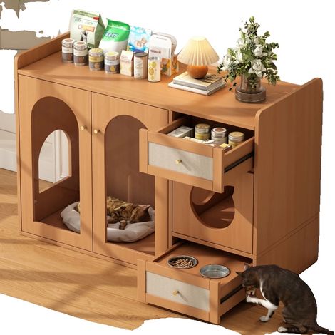 Casa para gatos, diseño moderno, almacenamiento multifuncional, nogal (1/2)