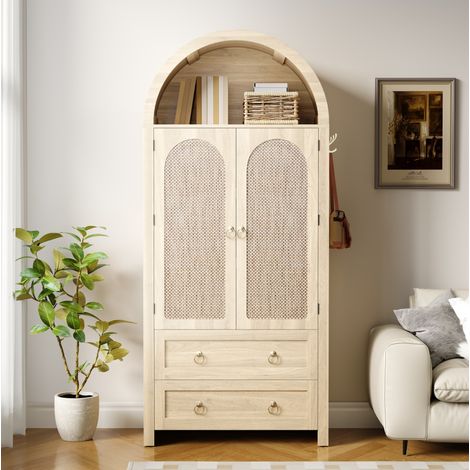 Buffet en MDF coloris chêne avec portes effet rotin, 80 x 40 x 180 cm, 2 tiroirs et tablettes réglables (1/5)