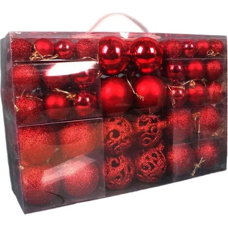 Boules de Noël 3-6 cm, lot de 100 dans une boîte en PVC, boules roses brillantes et mates avec motifs découpés pour décorer le sapin de Noël - (Rouge)