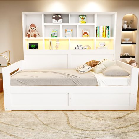 Letto singolo 90 x 200 cm con contenitore idraulico, LED e prese, testiera a mensola in MDF bianco (1/5)