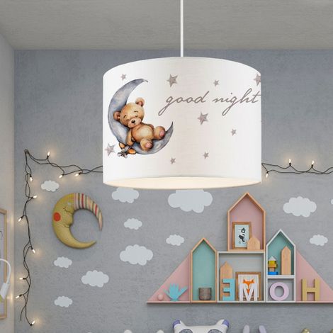 Suspension rugby enfant E27 70 cm – Abat-jour en PVC et tissu – Motif ourson – Hauteur réglable – Montage facile au plafond – Lux.Pro (1/3)