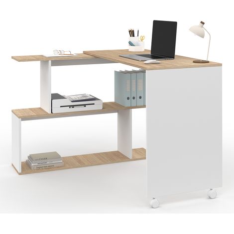 Idmarket – Bureau d'angle rotatif 180° avec étagère S – Longueur 186 cm x largeur 48 cm – Structure bois façon hêtre et blanc – Design moderne