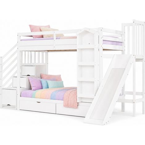 Lit superposé enfant blanc 90x200 cm avec toboggan, escalier de rangement, bibliothèque intégrée et 2 tiroirs à roulettes, pour chambre d’enfant CHICFURN (1/5)