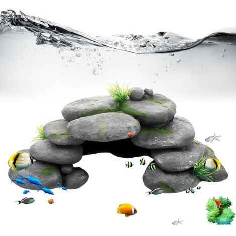 Grotte d'aquarium : grotte décorative d'aquarium avec herbe verte, grotte rocheuse Rock Cave Décoration Pierres, tortues Accessoires pour reptiles, cachette en résine haute montagne, pour (1/3)