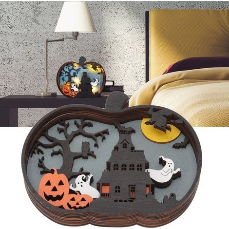 Décoration d'Halloween : Petite citrouille lumineuse en bois, adorable ornement de bureau pour la maison (1/5)