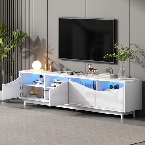 Meuble TV MDF blanc brillant 175 x 38 x 51 cm, portes en verre trempé, LED Bluetooth, rangement et passe-câbles (1/5)