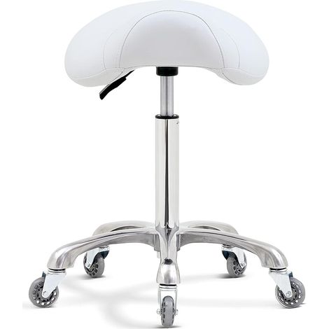 Tabouret de selle pour massage, clinique, spa, salon de coupe, tabouret à roulettes réglable en hauteur (blanc) (1/5)