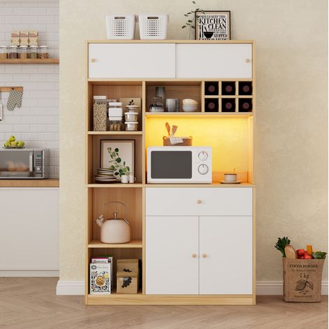 Credenza alta 115x35x180 cm in legno bianco e naturale con vano contenitore per cucina FloraGrace (1/5)