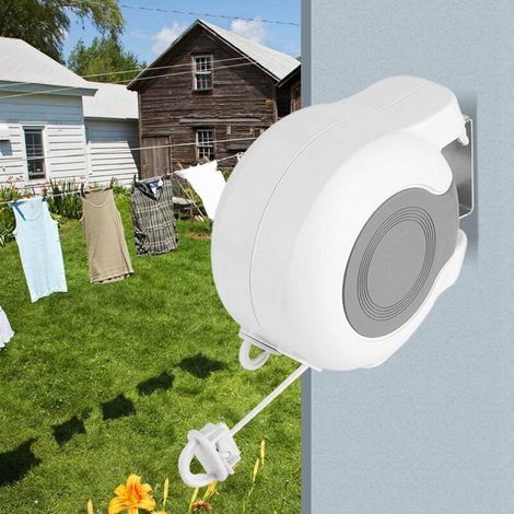 Fil à Linge Double Rétractable Extensible pour Extérieur, Corde à Linge Rétractable à Fixation Murale, Longueur Réglable, 13 m de Fil Total, Blanc (1/4)