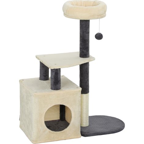 Albero Tiragraffi per Gatti Alto 92 cm con Casetta Lettino Pali in Sisal e Pallina Bianco Crema