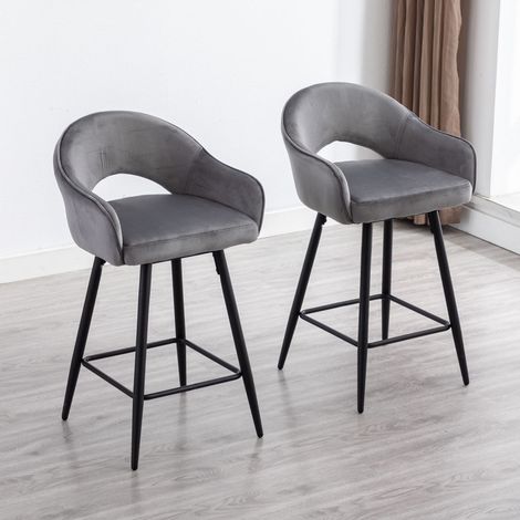 Wahson Tabouret de Bar en Velours, Lot de 2 Tabouret Rotation de 360 Degré Chaise Bar de Pied en Métal avec Repose-Pieds pour Bar, Gris