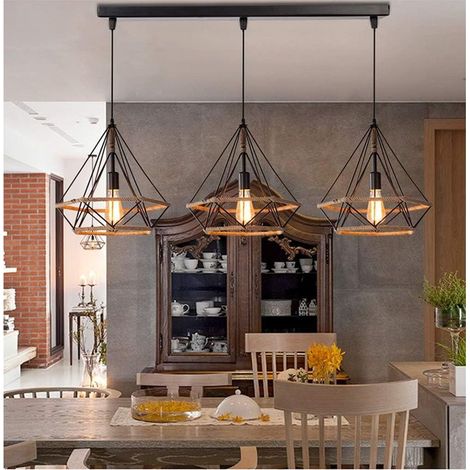 Lustre Suspension Industrielle Design 3 Lampes Diamant Chanvre Corde Métal LED Luminaire Plafonnier Abat-Jour Rétro Design E27 pour cuisine salon chambre (avec une barre)