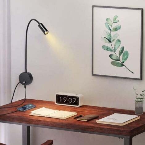 Liseuse murale, Lampe de chevet murale LED avec interrupteur tactile dimmable et port de charge USB, 3W liseuse de lit pivotante à 360° avec prise et cable pour chambre, 3000-6000K, Noir [Classe énerg (1/3)