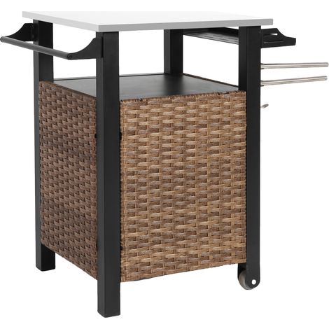 Chariot de bar à une porte en résine tressée avec plateau inox extensible et roulettes, marron (1/5)