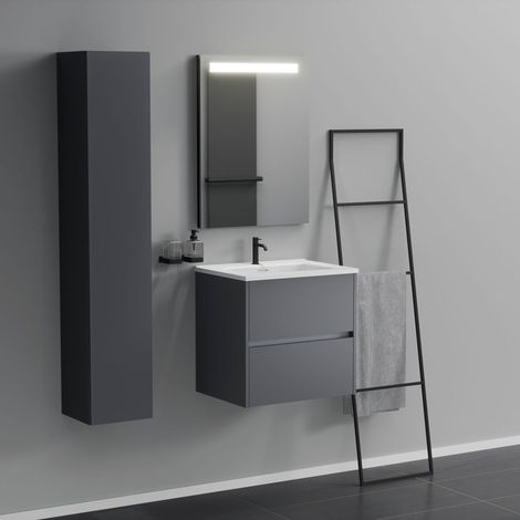 Inda - Badezimmerschrank 2 Schubladen L.60 mit beleuchtetem Spiegelwaschbecken – Mattiertes Titan