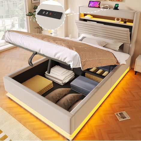 lit adulte rangement 90x200 lin beige LED USB integre HAVRYA (1/5)