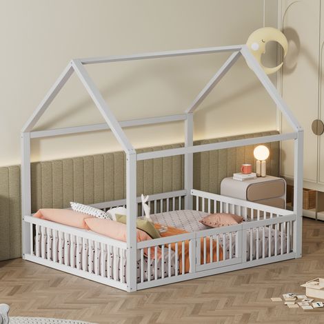 Lit cabane enfant 204,5/145/191,5 cm blanc en pin et MDF avec barrières et portillon (1/5)