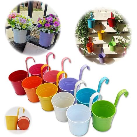 Ensemble de 10 Pots de Fleurs en Métal Vase Suspendu Panier à Planter sans Trou de Drainage, Crochet Détachable, Clôture de Jardin Balcon Décoration (1/5)