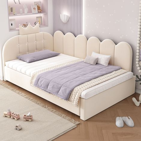 Bett Gästebett Ausziehbett 90x200 Samt Beige HAVRYA (1/5)
