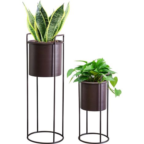 Lot de 2 Supports métalliques pour Pots de Fleurs avec Pots de Fleurs 70 cm et 45 cm pour l'intérieur l'extérieur la Cuisine Le Salon Le Coin Jardin Le Balcon la terrasse (Marron) (1/5)
