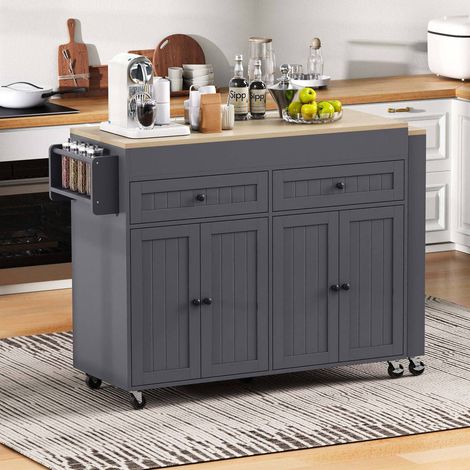 Îlot cuisine roulant gris bois plan travail tiroirs espace repas extensible (1/5)