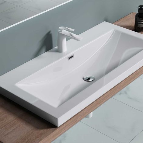 Bathroom Cloakroom 1000 x 480mm Stone Resin Basin - Self Rimming Drop In Sink - One Tap Hole With Overflow - Durovin Bathrooms (1/5)