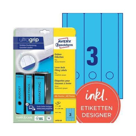 AVERY - ZWECKFORM ÉTIQUETTES POUR DOS CLASSEUR, 61 X 297 MM, BLEU, CONTENU: 60 ÉTIQUETTES SUR 20 FEUILLES A4 (4753/NOUV: L4753-2 (1/4)