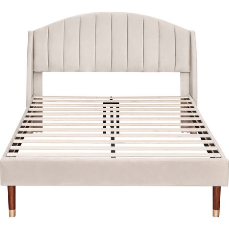 Lit rembourré 140 x 200 avec sommier à lattes et tête de lit en velours beige (1/5)