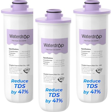 Waterdrop WD-EWFR Replacement Filter for WD-ED25TW Rechargeable Waterdrop Dispenser, 5-Stage Filter Reduces Over 20 Impurities, Reduces TDS by 41%, Retains Essential Minerals - Pack of 3 (1/5)