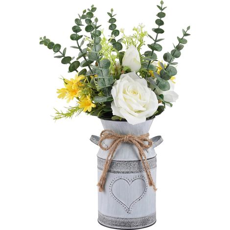 Vase en métal style rustique avec rose et eucalyptus, style shabby chic, idéal pour décorer une table à manger rustique (1, blanc) (1/5)